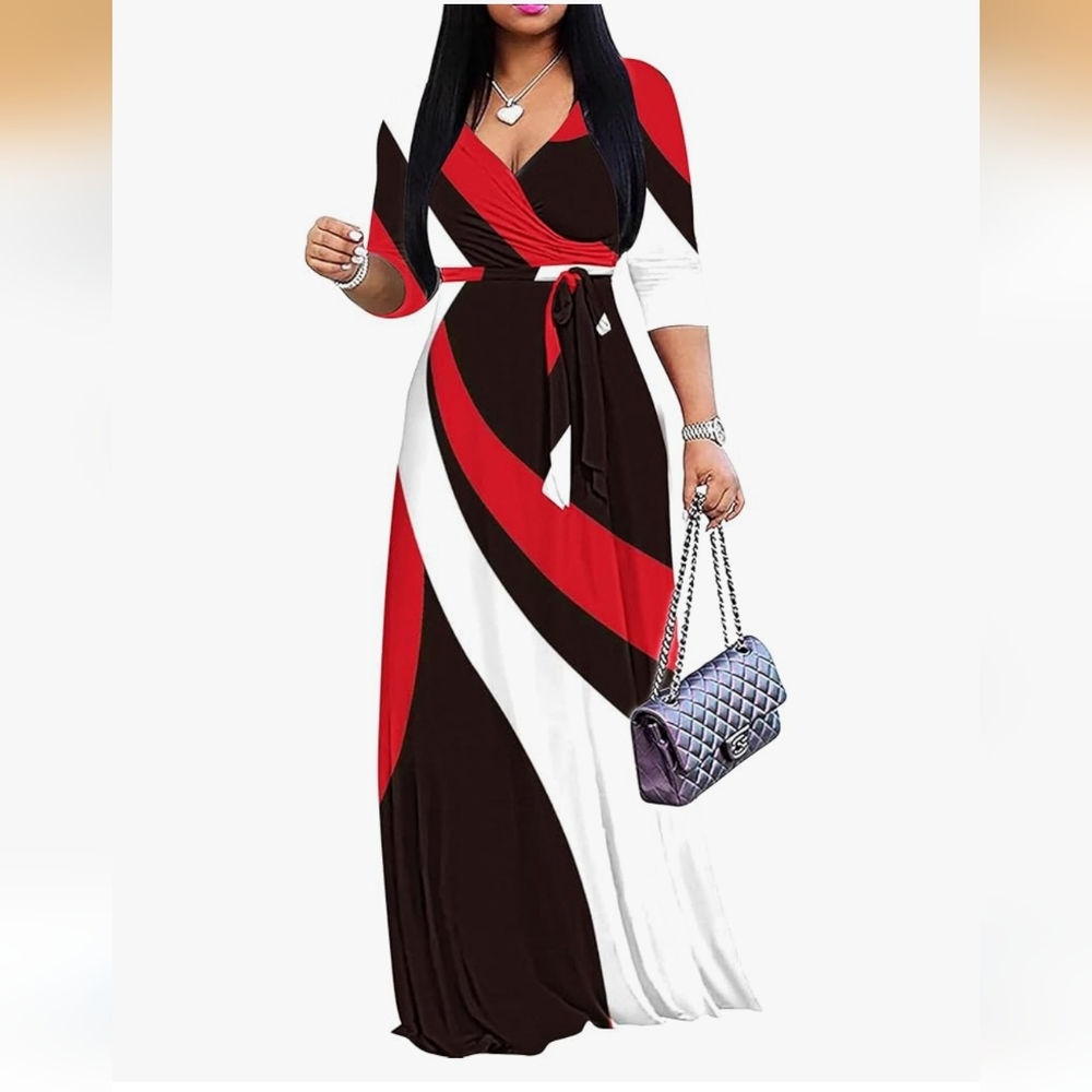 Chic Bright Bold Belted V-Neck Maxi Dress Pockets 2x